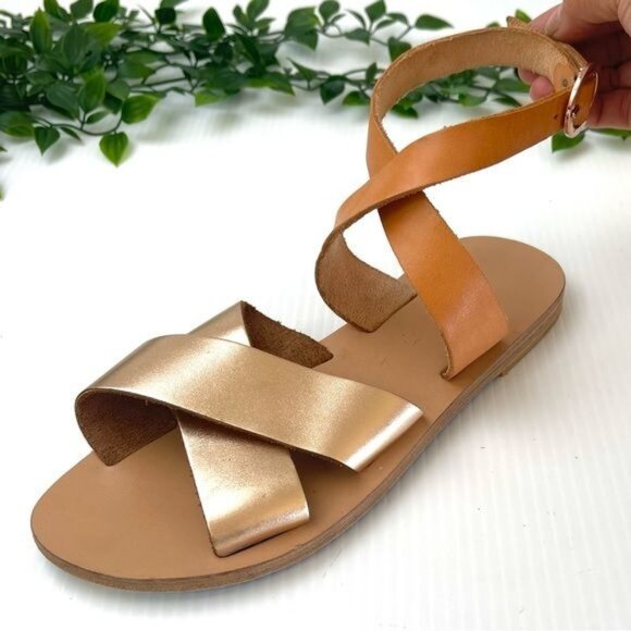 KYMA PATMOS CROSS ANKLE STRAP FLAT SANDAL GOLD/TAN LEATHER 7 - Picture 1 of 11
